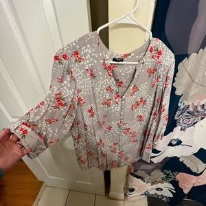 Torrid Gray and Red Floral Botton-front Blouse with Adjustable Sleeves